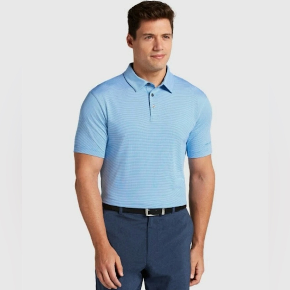 XL New Nicklaus Blue Striped Moisture Wicking Golf Short Sleeve Polo Dress Shirt